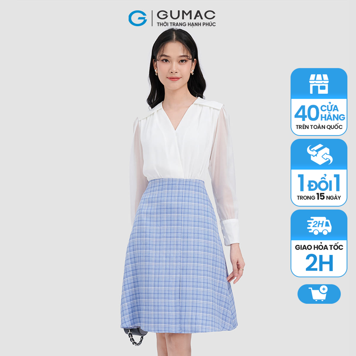 Đầm nhún vai phối caro thời trang gumac dc10001