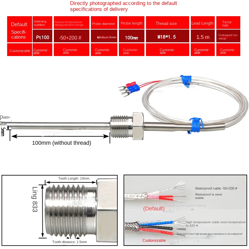 Pt100 Cảm Biến Nhiệt Độ Chống Nước Ren Cố Định | Đầu Dò 50-100mm | -50~200°C | Dây 1.5m | Thép Không Gỉ | Hàng Chính Hãng - M18 * 1.5/φ 6*100mm