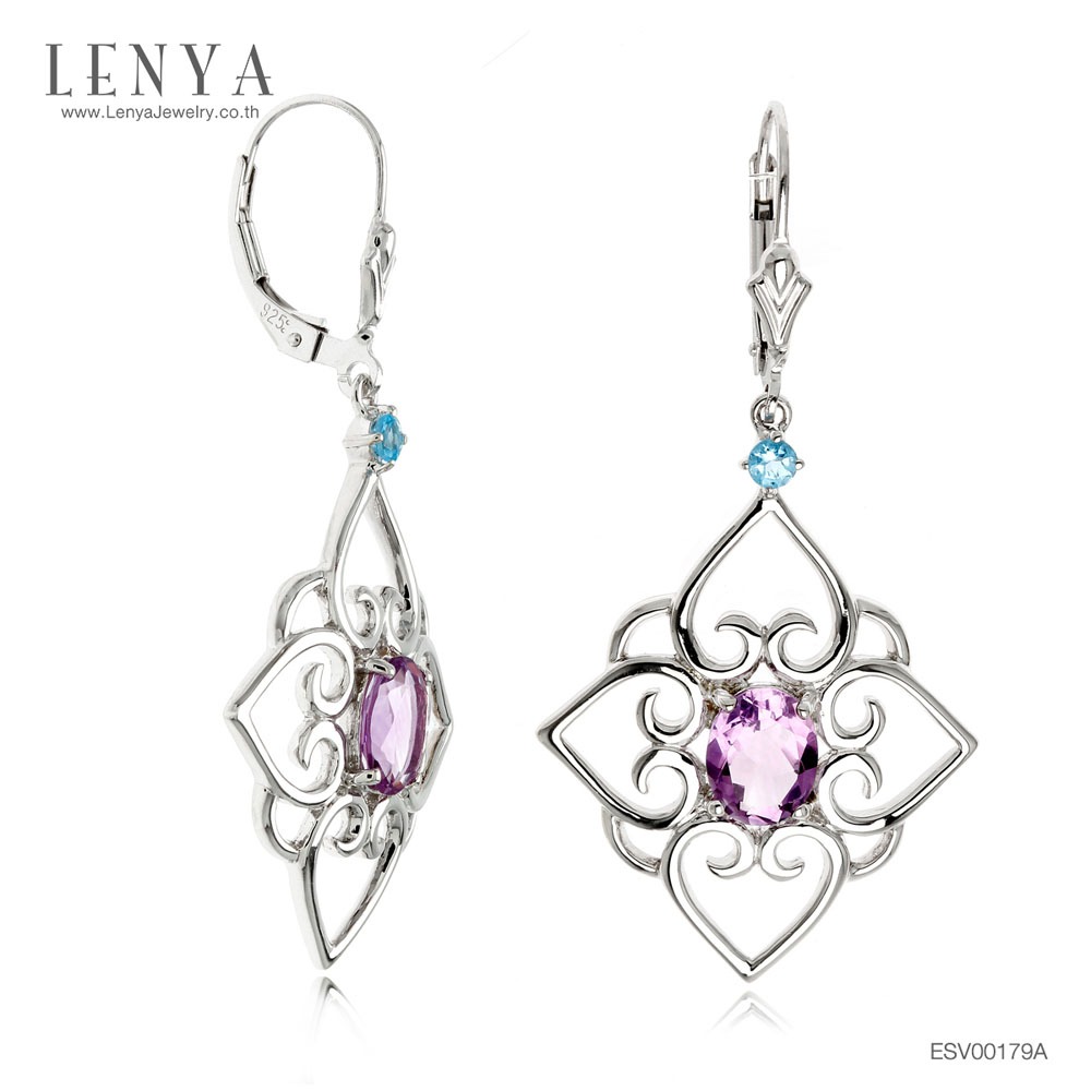 Lenya Amethyst Gemstone Earrings Enhances Peace of Mind, Mindfulness, and Wealth. Size 8X6 Mm. 925 Sterling Silver Body with White Gold Plating. ราคา 3,900 บาท*ส่งฟรี