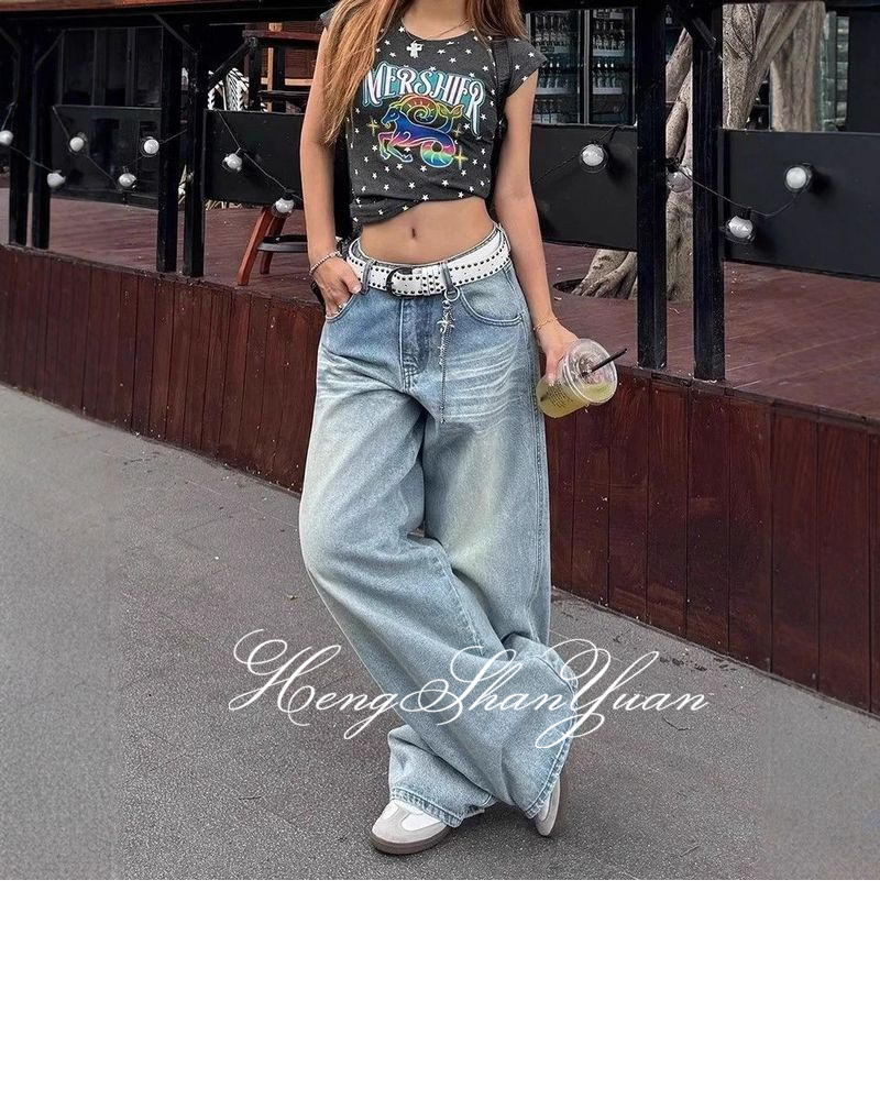 Quần Jeans Ống Rộng cạp cao kiểu Mỹ hengshanyuan có túi thêu, vải denim vừa rộng và Nước giặt cho nữ