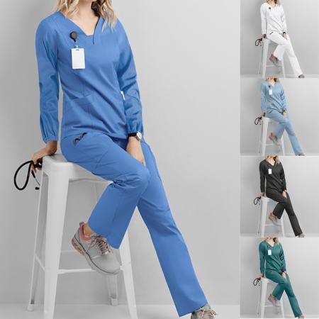 xiyanhuang Womens Scrub Suit, Long Sleeve V-neck Nurse Uniform