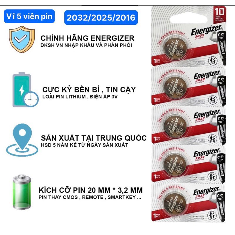 Vĩ 5 viên pin CR2032/CR2025/CR2016 Energizer chính hãng tiết kiệm hơn