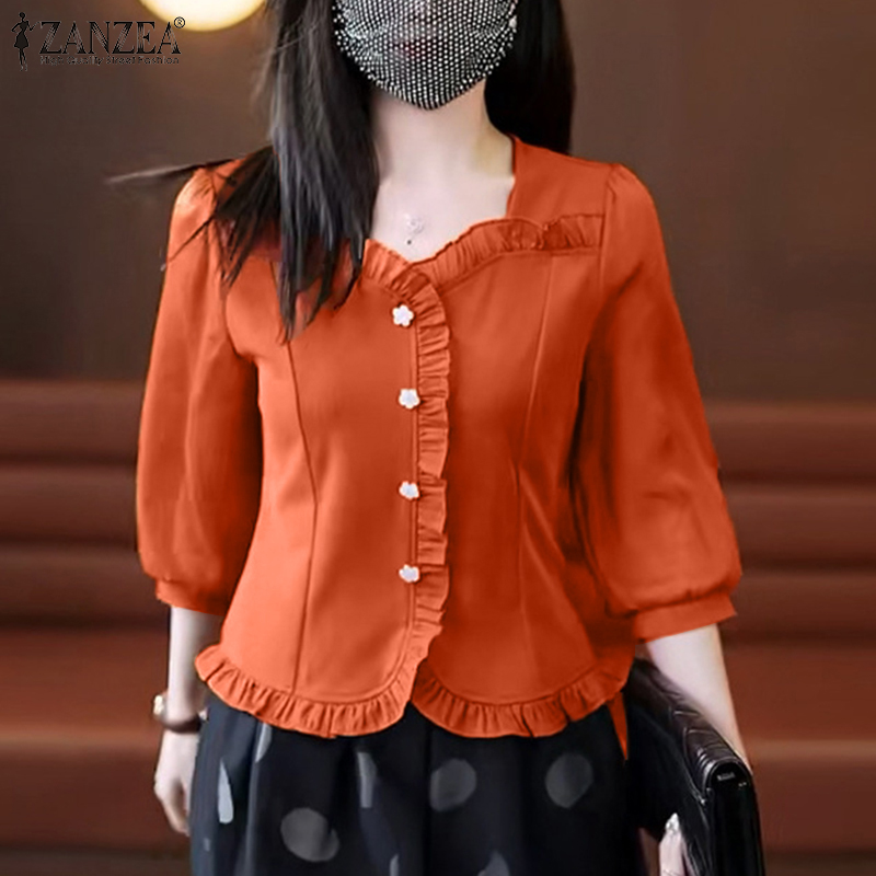 Hijabfab zanzea nữ phong cách Hàn Quốc thanh lịch 3/4 Tay áo phồng xù Áo sơ mi nữ văn phòng nút lên TOP #0805