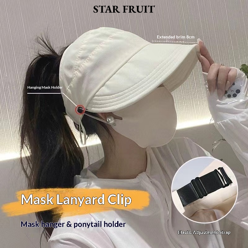 STAR FRUIT⭐ Sun Protection Wide Brim Cap with Mask Hook and Adjustable Strap for Women, Fashionable Face Covering Hat ราคา 32 บาท*ส่งฟรี