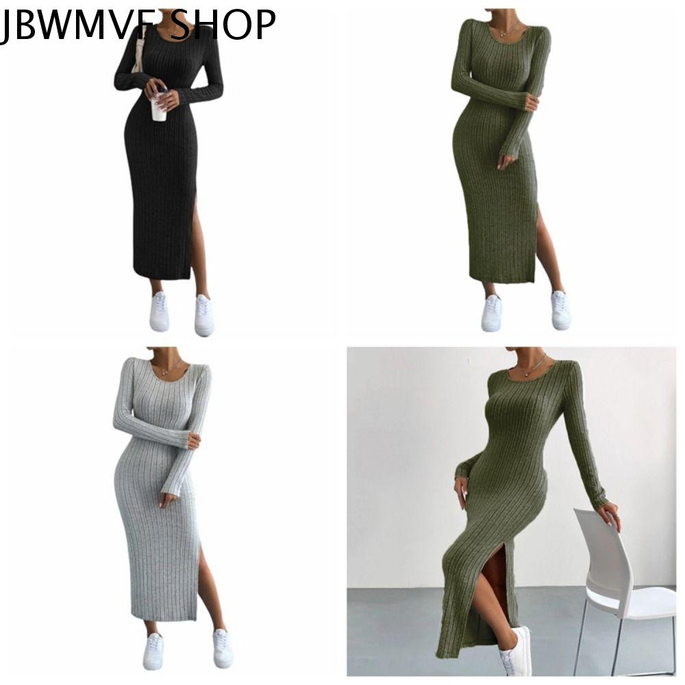 JBWMVF Màu trơn Đầm maxi Thiết kế gân S-5XL Váy dệt kim Thanh lịch Dài Tay Váy len Mùa đông