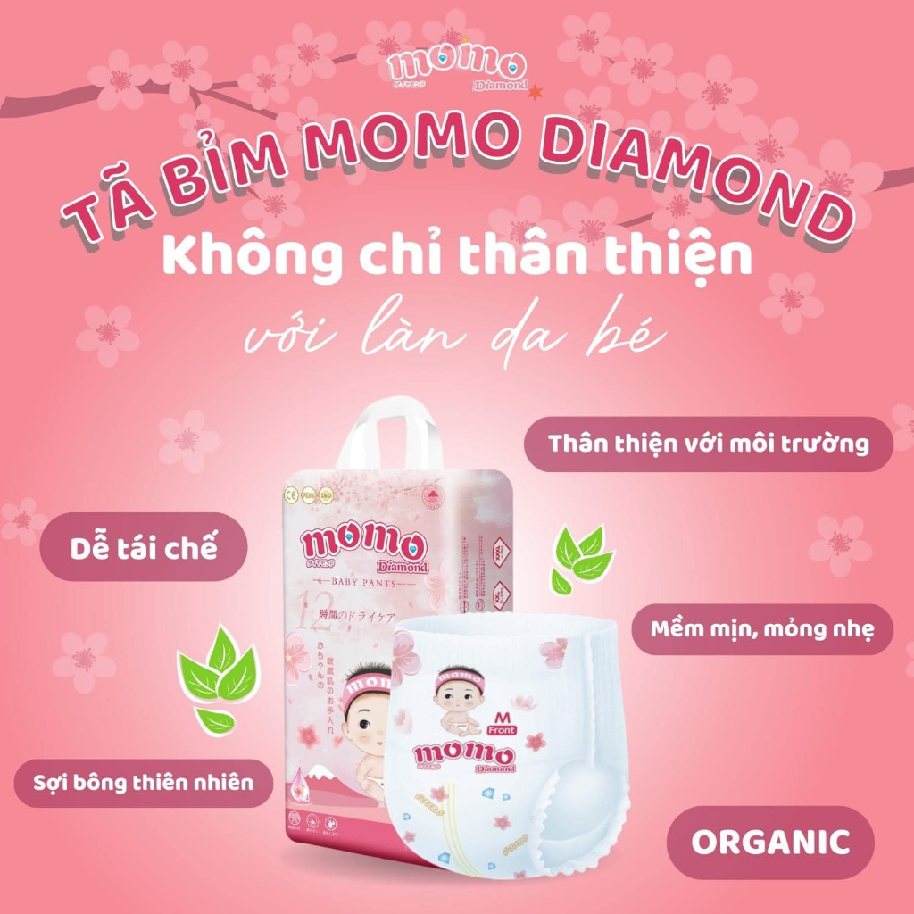 (COMBO 2B) Bỉm Quần/Dán Momo Diamond Hữu Cơ Cao Cấp S64/M62/M60/L54/XL50/XXL48/XXXL46
