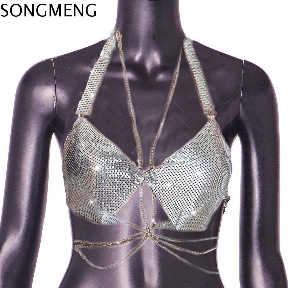 SONGMENG Dây chuyền Áo hở eo kim cương giả Zircon Cổ treo Đồ đi biển cho nữ Thời trang Phong cách cô gái cay Áo hai dây Bikini pha lê Phụ nữ
