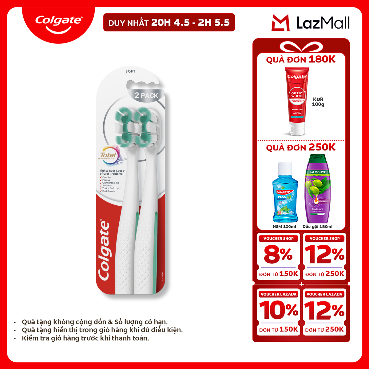[Chỉ 25-29.4_X2 Voucher giảm 20%] [MỚI] Bộ 2 Bàn chải Colgate Total, công nghệ tạo bọt nhanh, ngăn ngừa 6 vấn đề răng miệng phổ biến