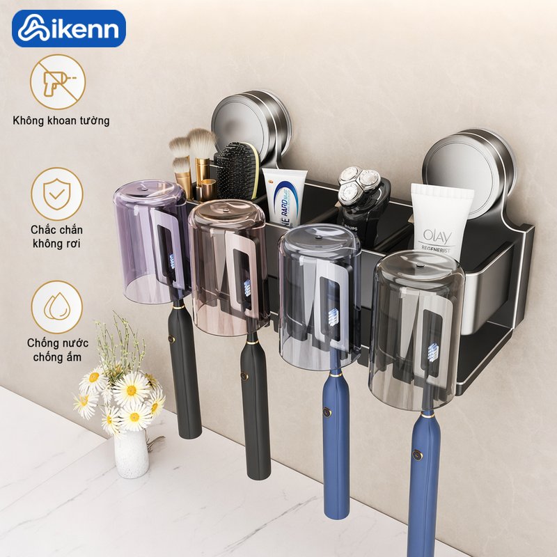 Aikenn kệ bàn chải đánh răng giá để cốc hút chân không nhôm chống gỉ chịu nước dán tường nhà tắm tiết kiệm diện tích