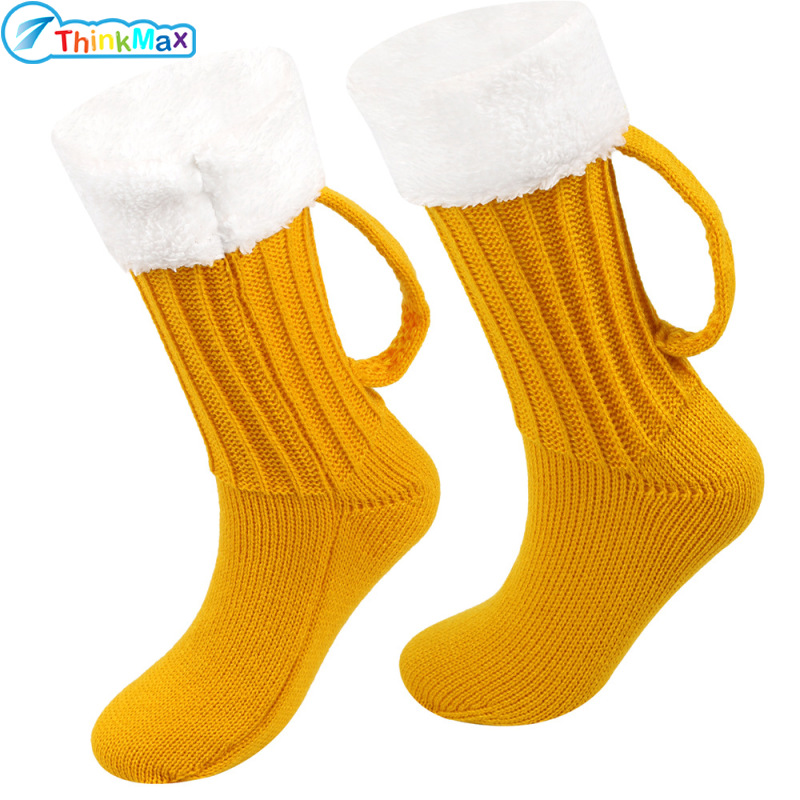 Women Christmas Floor Socks Funny 3D Beer Mug Socks Wide Mouth Crew Warm Socks ราคา 144 บาท*ส่งฟรี