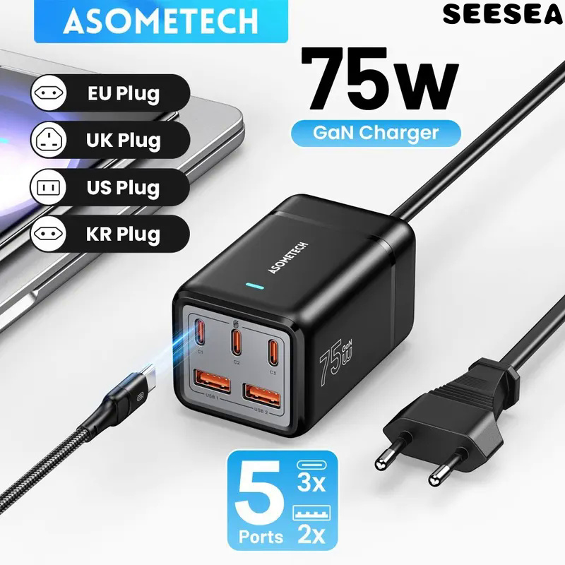 New soometech 75w gan usb c charger desktop usb charger multiple port pps pd 70w 67w 65w fast charge