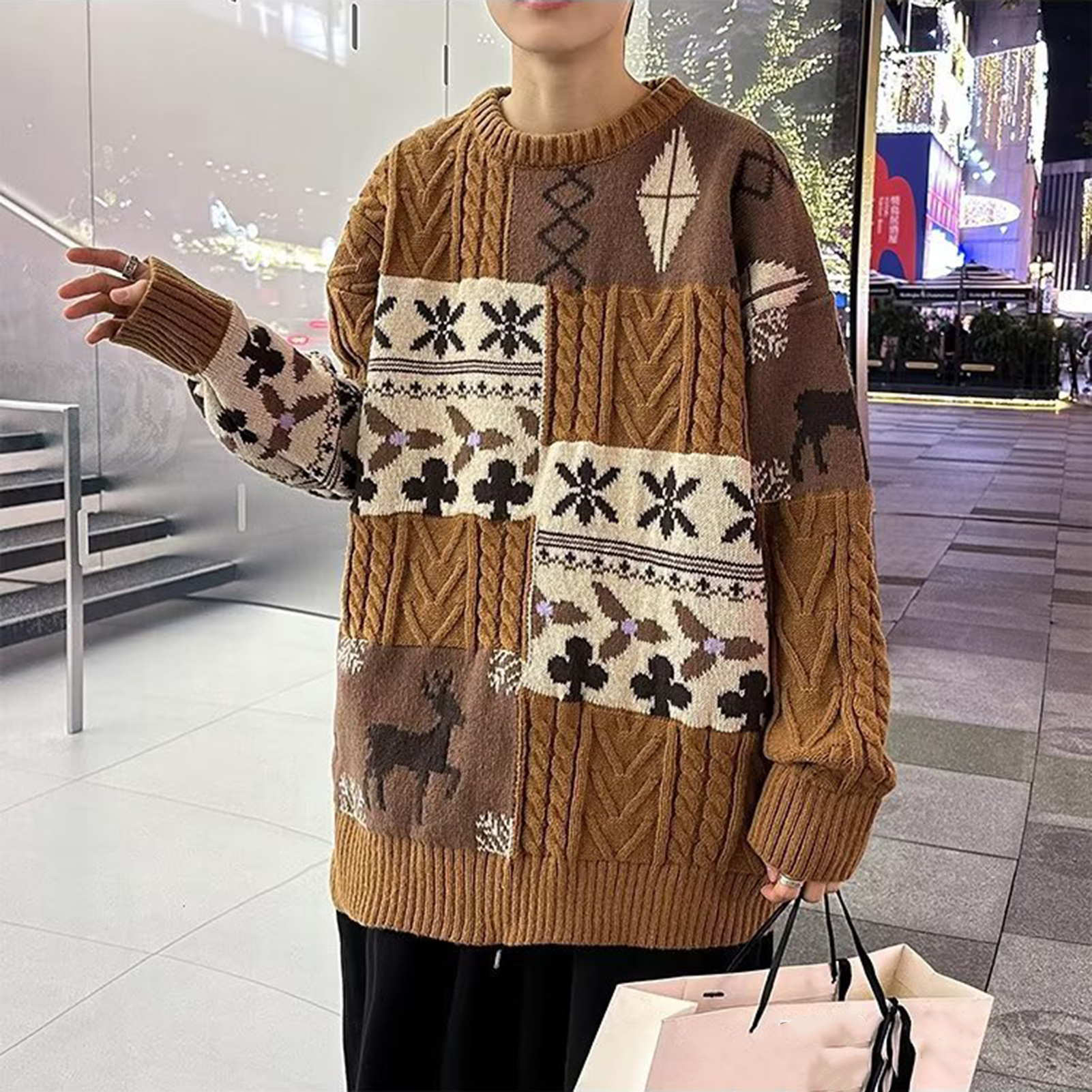 Pull de Style noël pour hommes, coupe ample, Colorblock, flocon de neige, élan, chaud et confortable, tricoté, 543_voghion.com