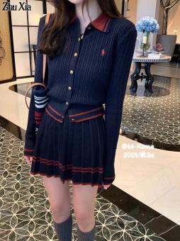 Zhu XIA Pony thêu Preppy Polo Cổ Dệt Kim váy xếp ly Bộ đồ hai mảnh
