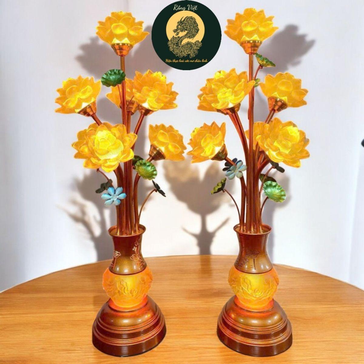 Cặp đèn thờ bình lưu ly RỒNG VIỆT, đèn thờ hoa seᵰ 5 bông 7 bông thân hợp kim cao 70-80cm