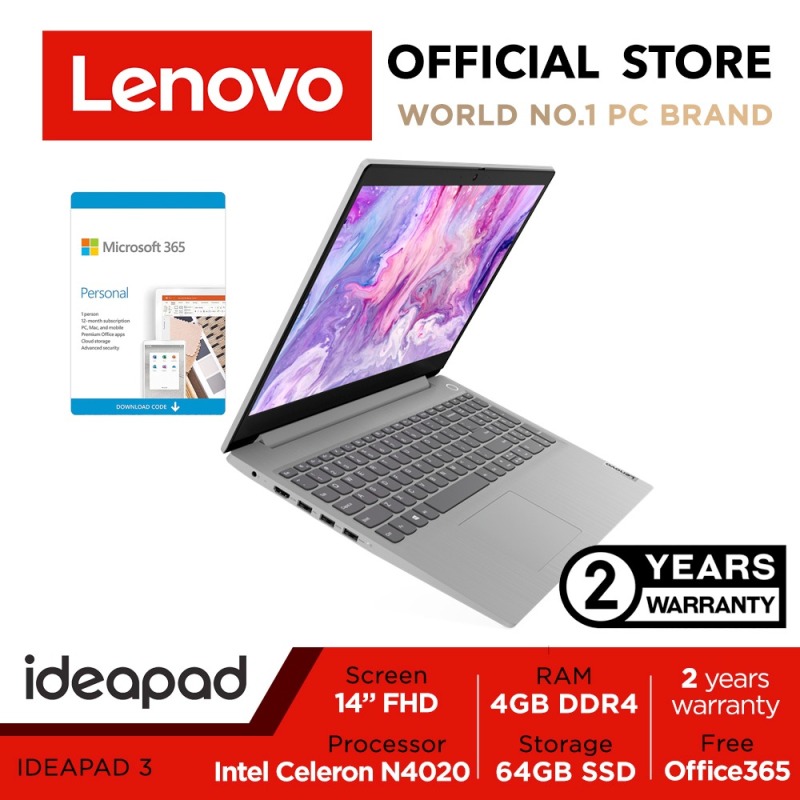 【HBL】Office 365 | Ideapad 3 14IGL05 | 81WH003FSB | 14inch FHD | Intel Celeron | 4GB RAM | 128GB SSD | 2Years warranty | Win10 | Free Office 365
