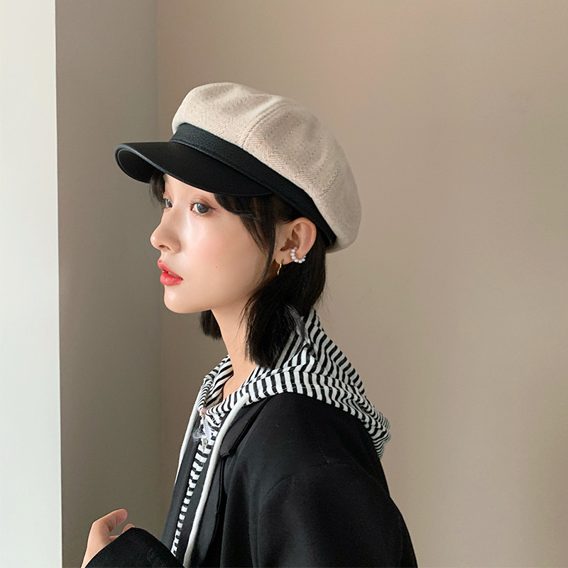 Mũ Mũ kiểu Anh Mũ nồi da PU đen hình bát giác, mũ da nữ, mũ họa sĩ, Mũ trẻ em báo Mũ lưỡi trai mỏ vịt, xu hướng mùa thu. Fwjvoh