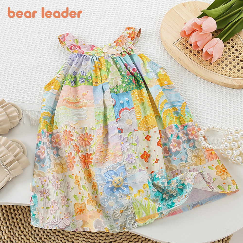 Gấu lãnh đạo bé gái csual Dresses 2024 thời trang hè mới sơn dầu váy vest cho quần áo trẻ em Cô gái của hoa sleevless vestidos 2-7 năm