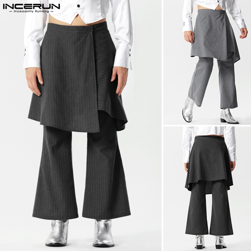 ChArmkpR Store Quần Culottes thiết kế hai lớp sọc quần loe nút trước tiệc nam hiệu incerun (phong cách phương Tây)