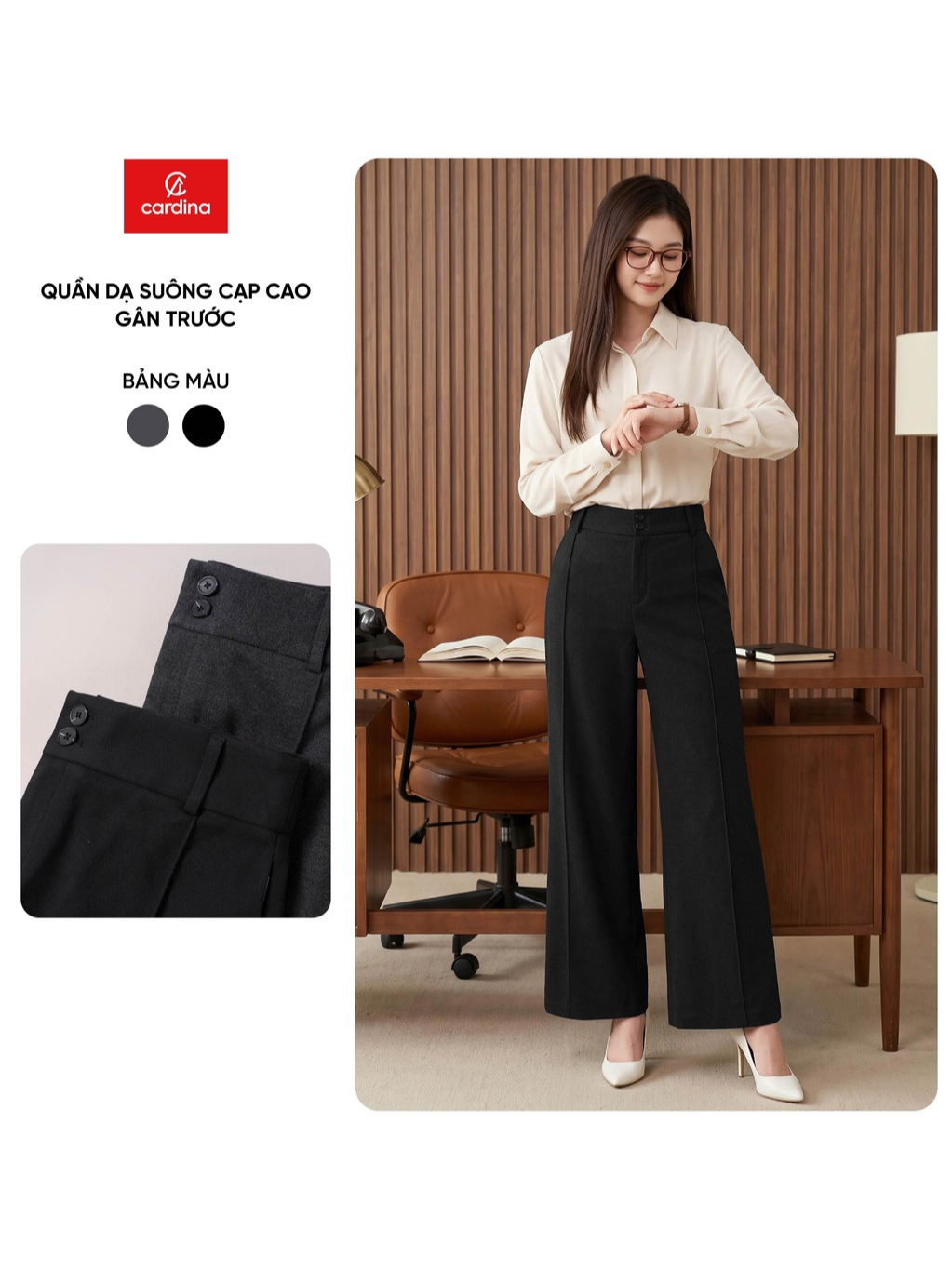 Quần dài nữ CARDINA chất liệu dạ dáng suông cạp cao gân trước 6QDT33