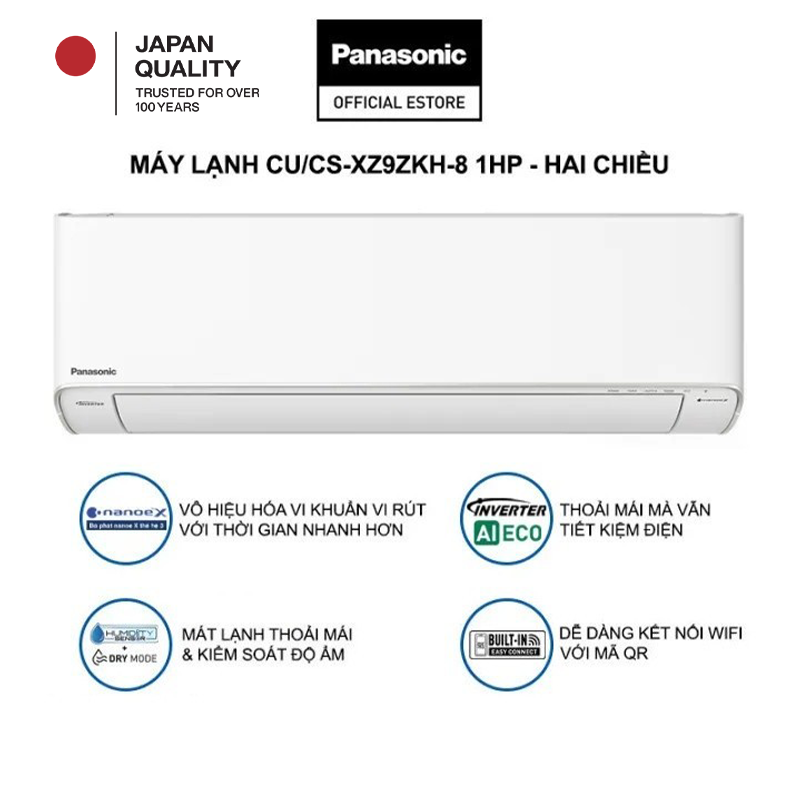 [CHỈ GIAO MIỀN BẮC] [Trả góp 0%] [Chỉ giao miền Bắc] Máy lạnh/Điều hòa Panasonic Inverter CU/CS-XZ9BKH-8 - 1HP - Hai chiều - Eco AI - Lọc sạch không khí NanoeX - Wifi - Hàng chính hãng