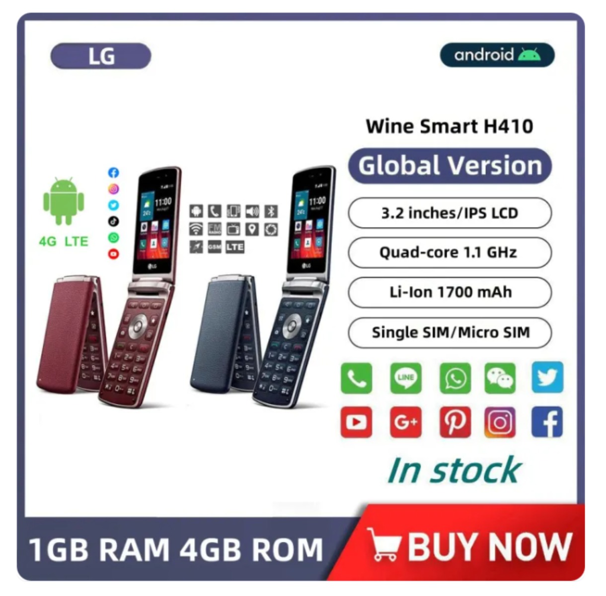 ต้นฉบับ LG ไวน์สมาร์ท LG H410 Quad Core 3.2 นิ้ว 1GB RAM 4GB ROM 3.15MP กล้อง LTE พลิกโทรศัพท์มือถือ ราคา 2,011 บาท*ส่งฟรี