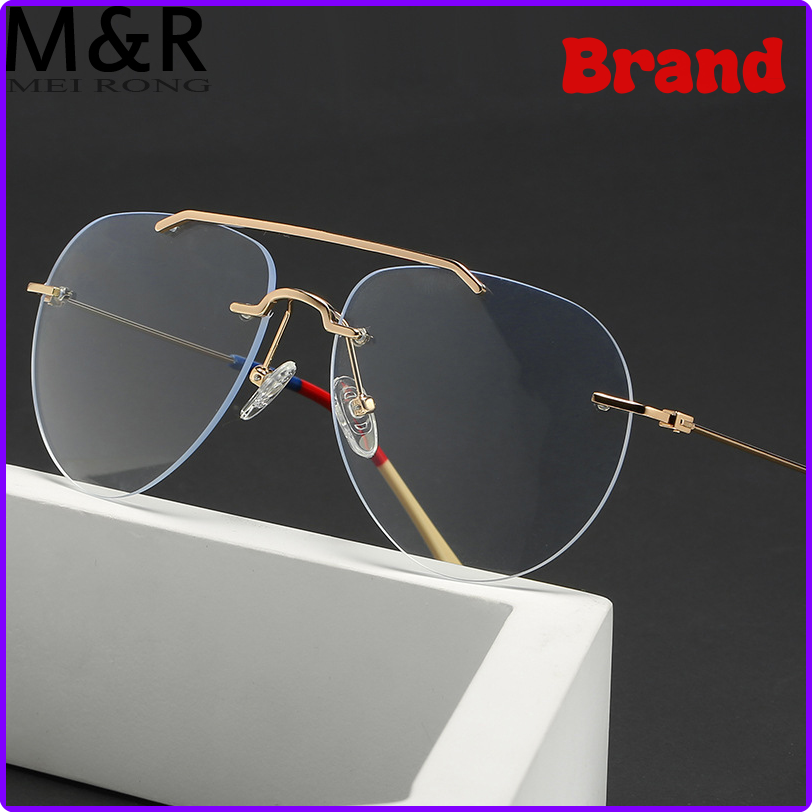 GRTRT Double Beam Rimless Glasses for Men Women Oversized Anti Blue Light Eyeglasses Flat Mirror Optical Prescription Glasses Frame ETJER