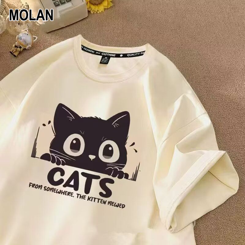 MOLAN Men's T-shirt Cute Cartoon Cat Printing Men's round Neck T-shirt Casual Loose Men's Top