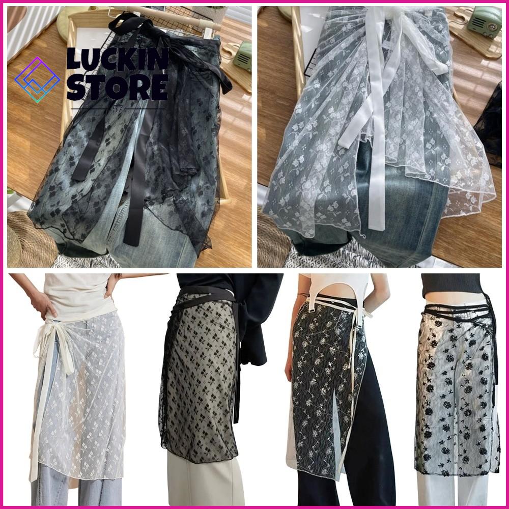 TREND 57SHOP Váy trong suốt Váy buộc dây tuyến lấp lánh Ren trong suốt Tạp dề hoa sequin Phong cách retro Y2K Dây buộc có thể điều chỉnh Váy nửa thân ren Áo khoác bãi biển 
