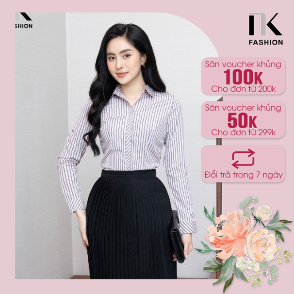 Áo Sơ Mi Nữ Công Sở NK Fashion NKSM2012002 Cổ Đức Tay Dài, Hoạ Tiết Kẻ Sọc Giấu Khuy Hiện Đại, Chất Liệu Cao Cấp