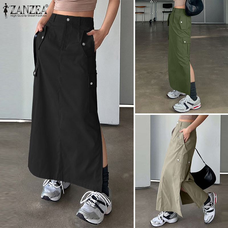 Esolo ZANZEA Korean Style Women Pockets Casual Long Skirt Cargo Maxi Dress