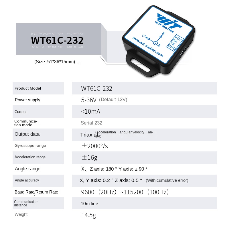 Cảm Biến Đo Nghiêng WIT WT61C-232 RS232 3.3-5V 6 Trục MPU6050 Góc Nghiêng Gia Tốc Góc Quay UART Tự Động Hóa IoT Arduino WitMotion