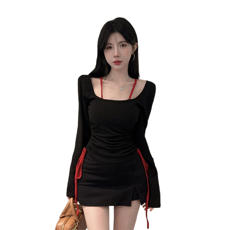 facialbeauty- Women's Scoop Neck Strap Tops Fashion Long Sleeve Back Lace Butterfly Slim Fit T-Shirts Blouses