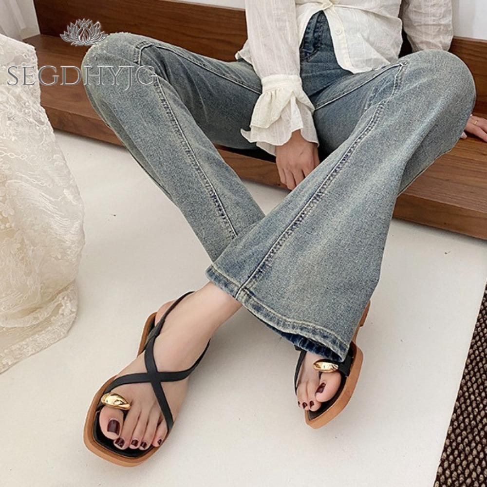 SEGDHYJG  Chống trượt Dép xăng đan nữ đế bằng Kẹp ngón chân Chống mùi Giày Dép lê Sang trọng Khóa mắt cá chân Dép xỏ ngón đế xuồng Mùa hè