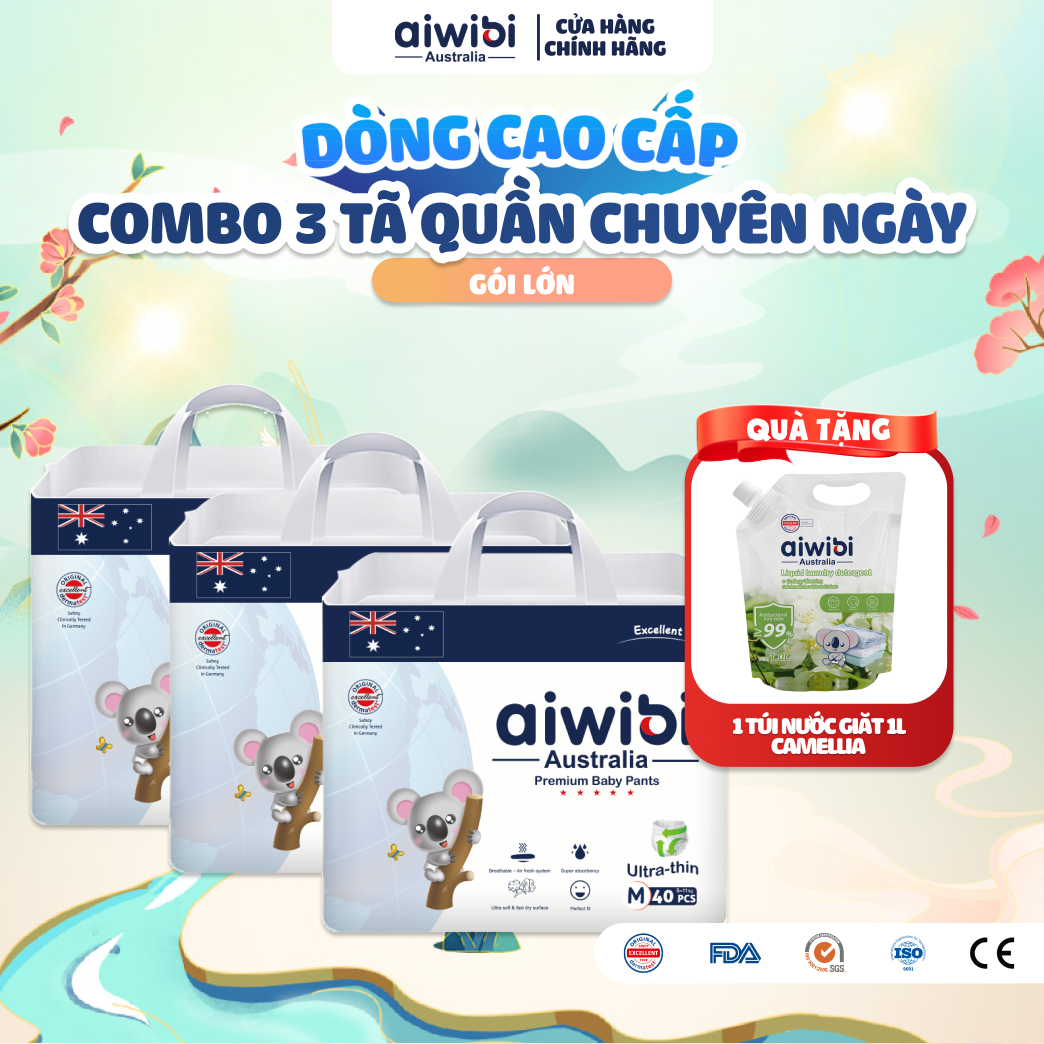 [Combo 3] Tã/Bỉm Quần Cao Cấp Aiwibi Light Feather Cho Bé Siêu Thấm Hút Chống Tràn - Gói Lớn M/L/XL/XXL/XXXL/XXXXL