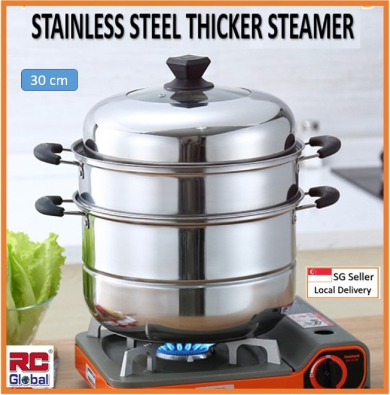 RC-Global Steamer / Steamer Pot / 30-32 cm Stainless Steel Steamer Pot /  Kitchen Steamer / 3 Layer multipurpose / Energy Saver Steamer Singapore