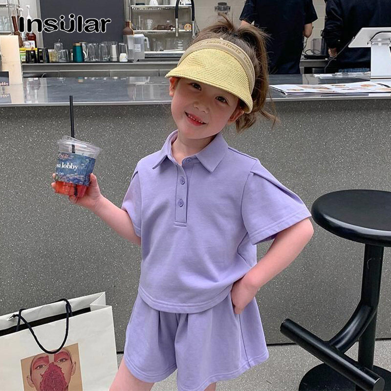 Insular girls' summer short sleeve sports suit Children's fashion casual solid color POLO shirt two-piece set ราคา 138 บาท*ส่งฟรี