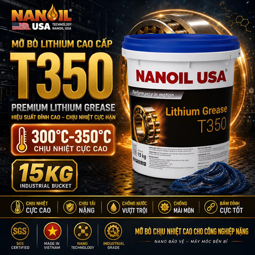 Mỡ Bò Lithium Nanoil USA T350 15Kg – Mỡ Bôi Trơn Chịu Nhiệt 300–350°C, Chống Nước, Bạc đạṇ, Vòng Bi Cao Cấp