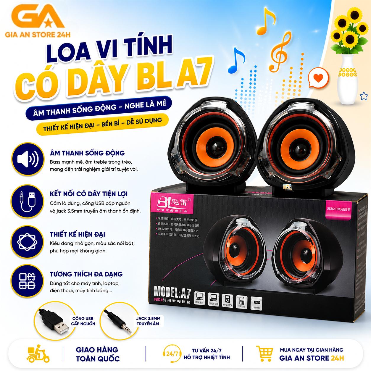 Loa Vi Tính Có Dây BL A7 USB + Jack 3.5mm – Âm Thanh Stereo Sống Động Cho PC, Laptop