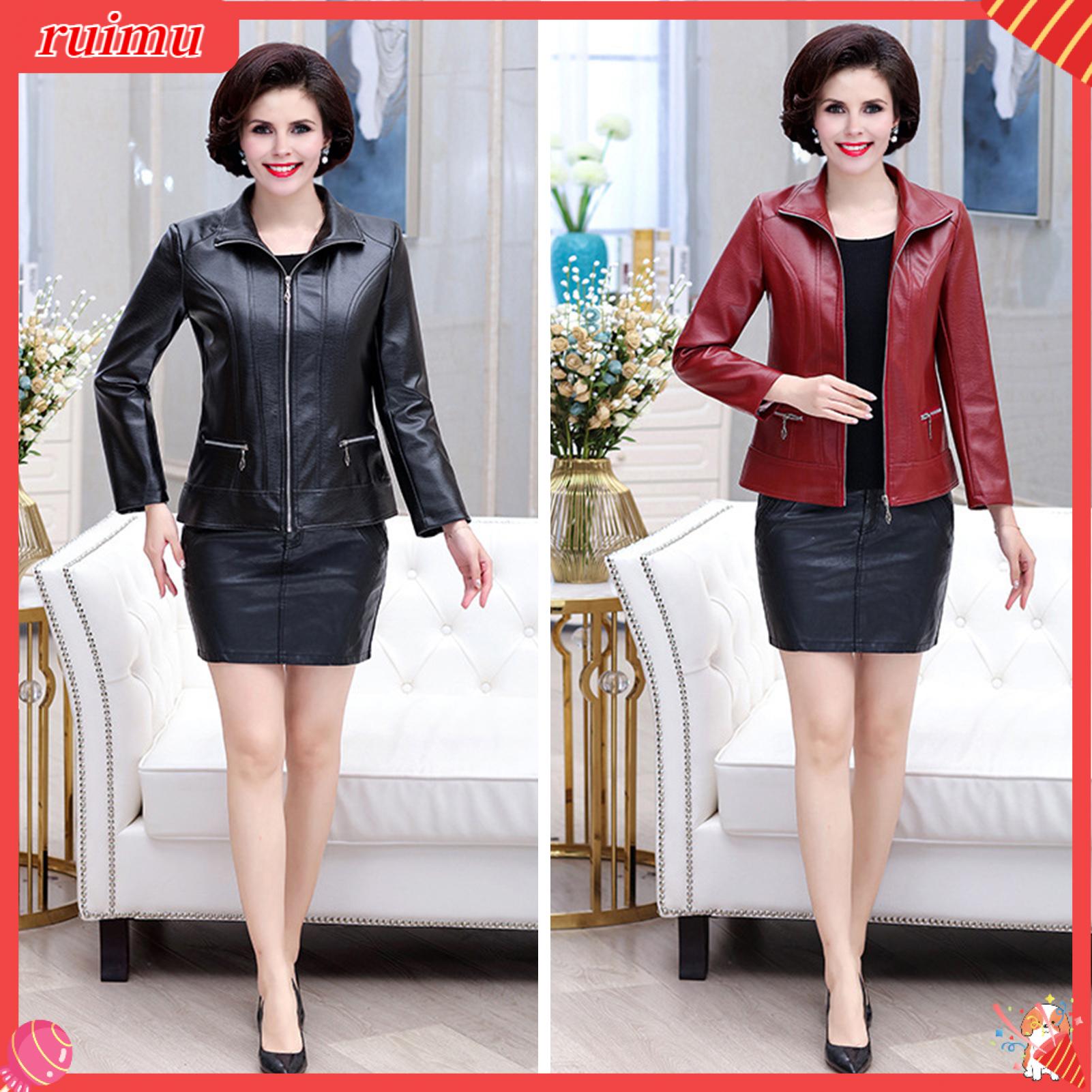 Ruimu Slim-Fitting Áo khoác da phụ nữ giả da áo khoác da giả da áo khoác da cho trung niên nữ hoài cổ áo khoác đi xe máy với túi có khóa kéo cỡ lỡn áo khoác ngoài cho du lịch