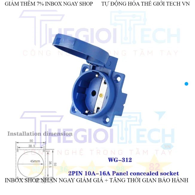 Phích cắm + ổ cắm 2P 16A kết nối kiểu công nghiệp hai lỗ 2 chấu + PE chống nước và chống bụi treo tường ổ cắm 220V 1 PHA TGT - WG-312