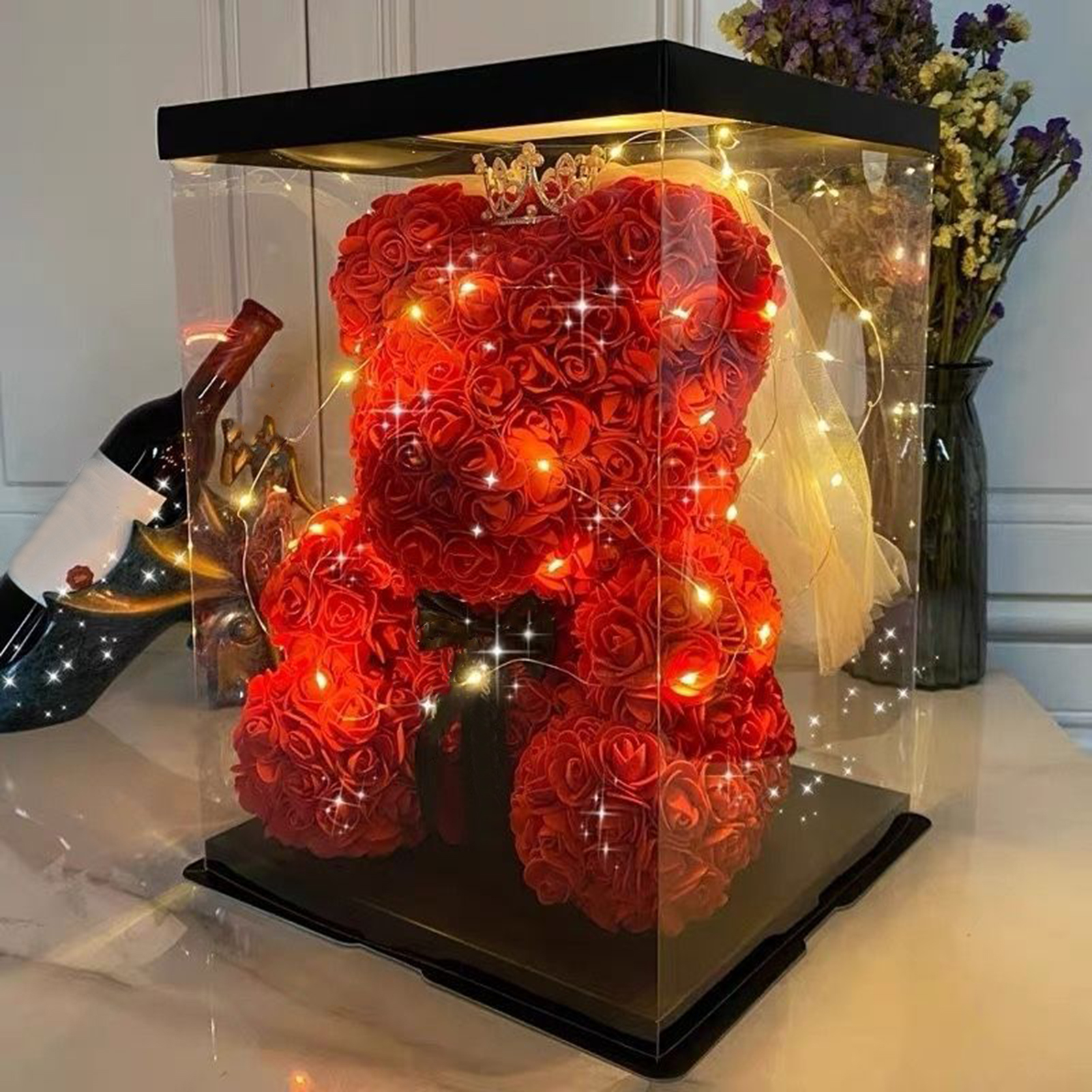 Romantic Preserved Flower Gift Set Romantic Floral Night Light Decor 11-inch Led Light Rose Bear Gift for Valentine's Day Preserved Flowers Bear for Lover Partner Friend