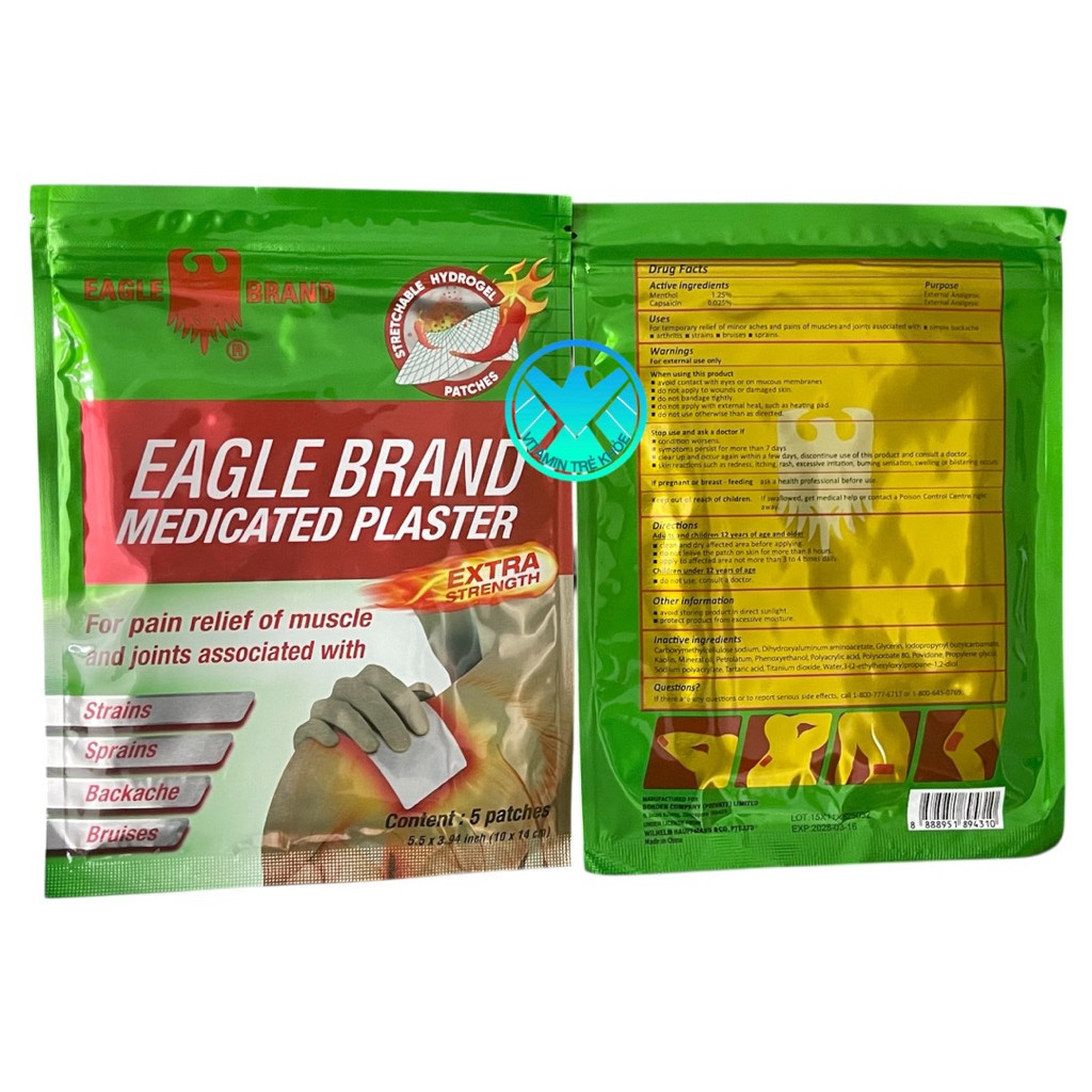 Miếng Dán Giảm Đau Ngoài Da EAGLE Brand Extra Strength - Stretchable Hydrogel Patches. - Giảm đau ngoài da, Giảm đau tạm thời các cơn đau nhức nhẹ ở cơ và khớp liên quan đến: ▪ đau lưng đơn giản ▪ viêm khớp ▪ căng cơ ▪ bầm tím ▪ bong gân.