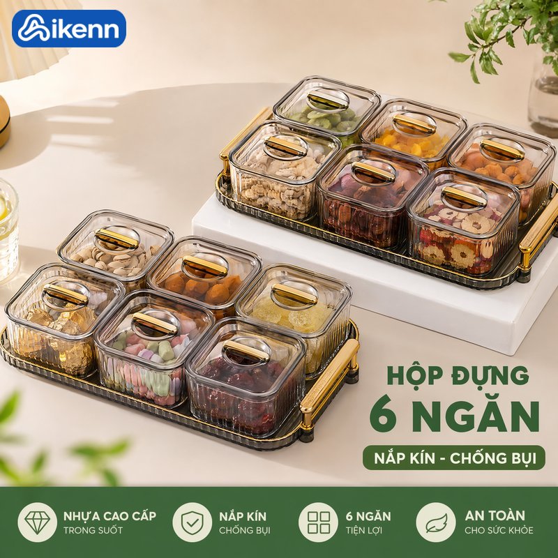 Aikenn Khay mứt tết hộp đựng bánh kẹo bộ 6 hũ acrylic nắp kín chống bụi trong suốt xếp chồng dùng bàn trà