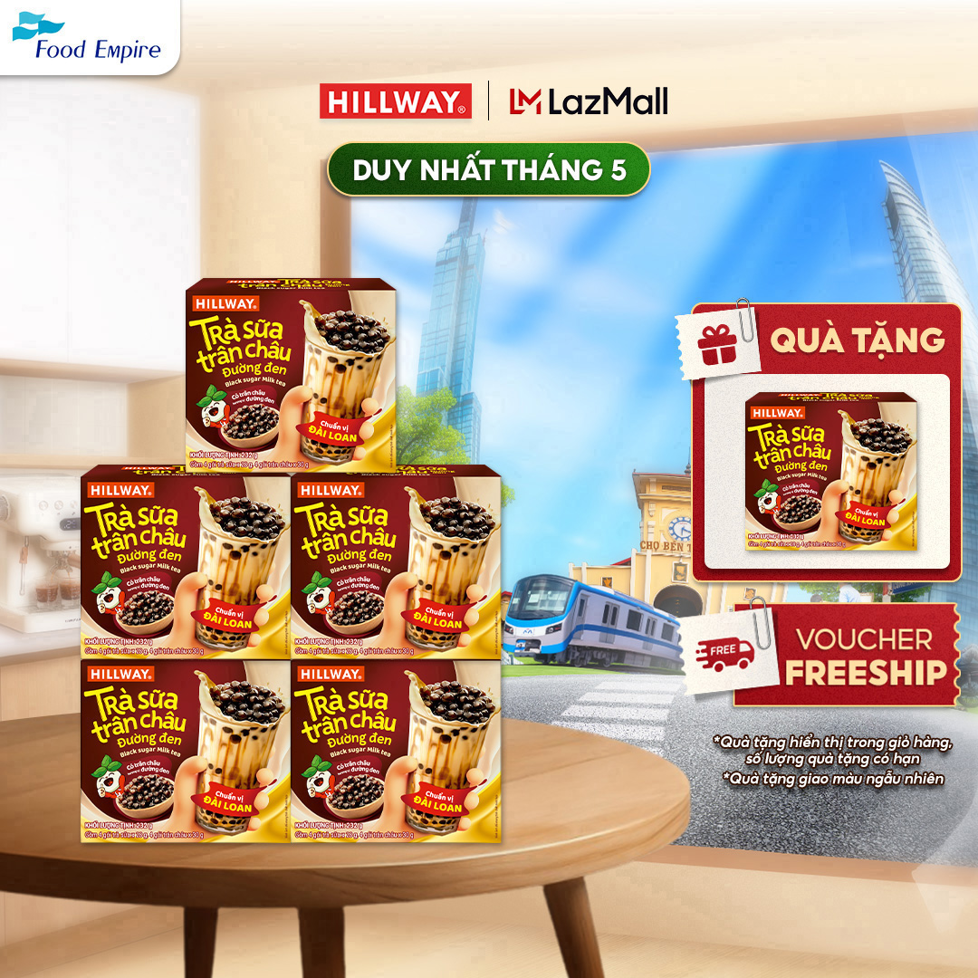 Combo 5 Trà sữa trân châu đường đen Hillway (4 gói trà sữa (28g) và 4 gói trân châu(30g))