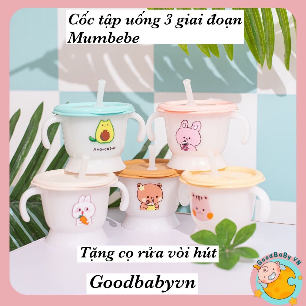 [Freeship + Voucher 8%] (Tặng cọ rửa ống hút) Cốc tập uống, tập hút 3 giai đoạn Mumbebe cho bé có vạch chia 160ml Goodbabyvn