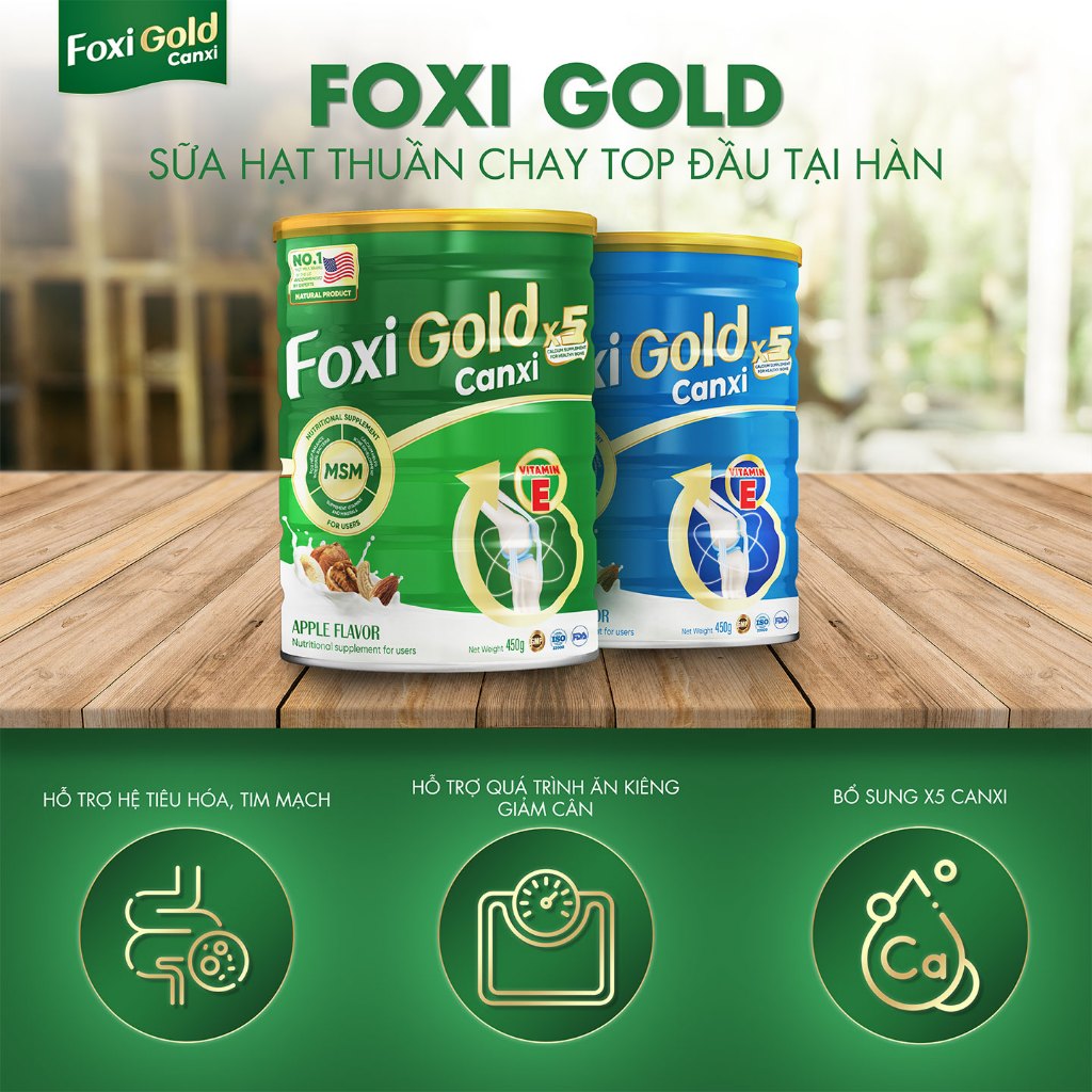 Foxi Gold canxi x5 nhập Mỹ, Sữa hạt thuần chay xương khớp.