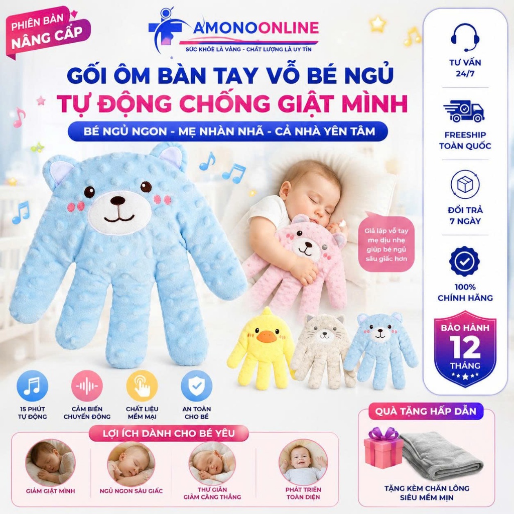 FreeShip Gối ôm tay vỗ bé ngủ tự động giúp trẻ giảm giật mình và ngủ ngon mà không cần sự hỗ trợ từ cha mẹ. Tiện lợi