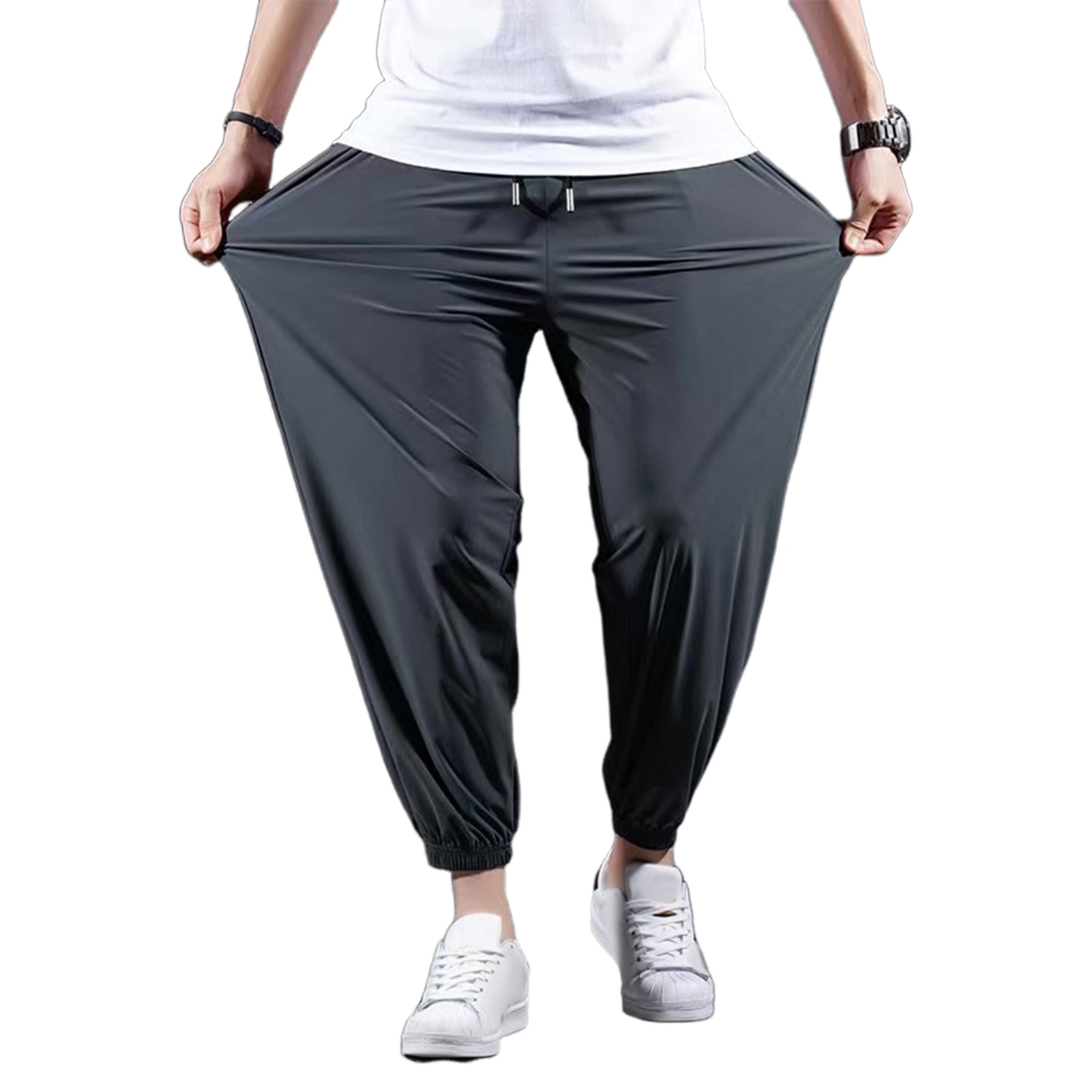 UHH Men Loose-fitting Pants Men Casual Ice Silk Pants Men's Ice Silk Sport Pants Breathable Loose Jogging Sweatpants with Elastic Waist Drawstring Ankle Bands Pockets – Comfortable Gym for Summer