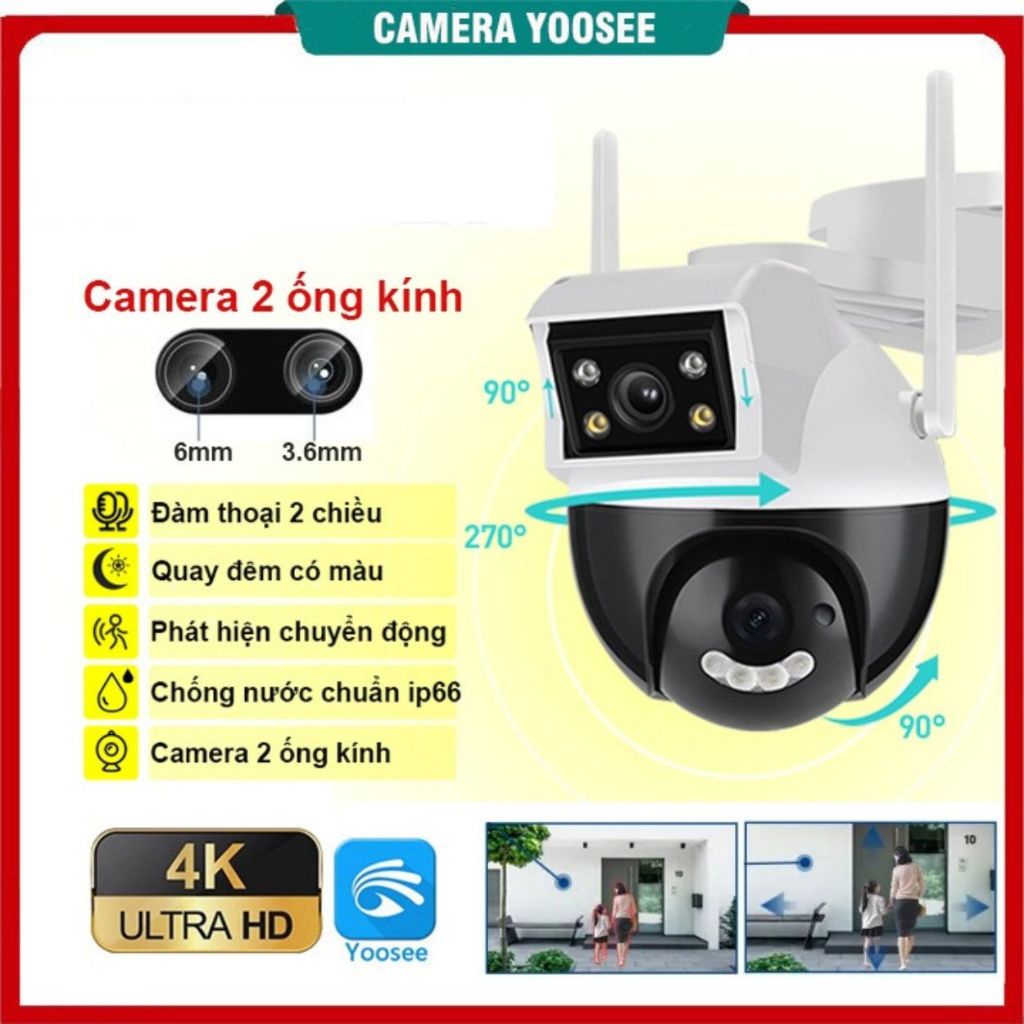 Camera Yoosee 2 mắt G36 Ngoài Trời Xem Cùng lúc 2 khung hình FHD 8.0mpx xoay 360 độ ban đêm có màu