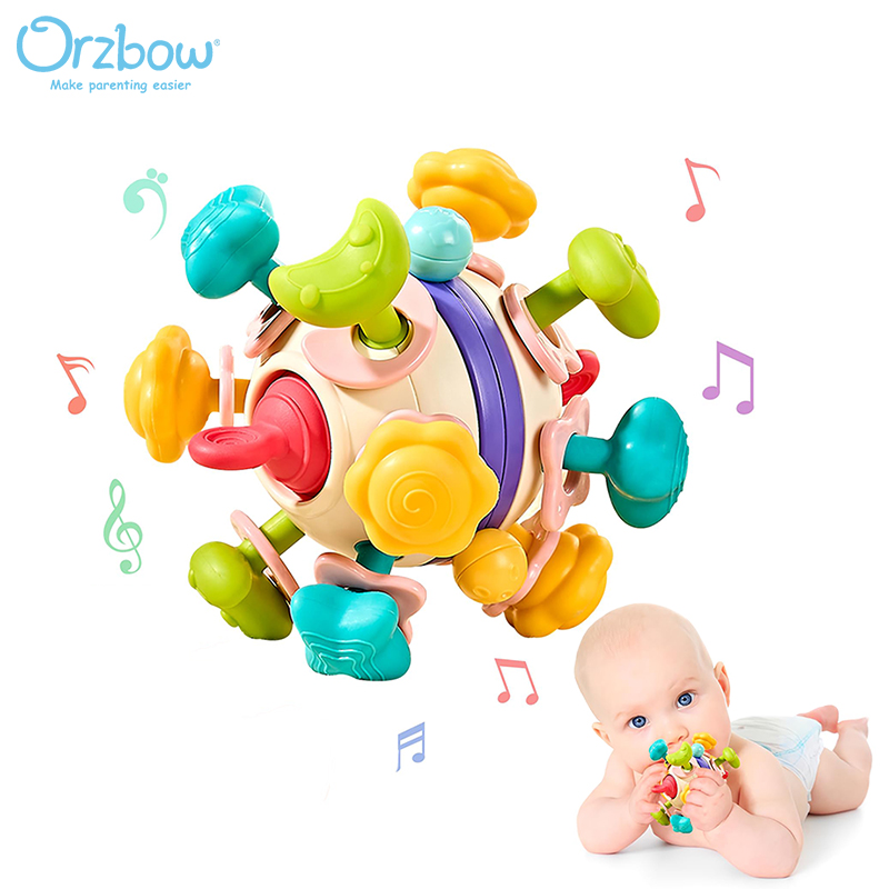 Orzbow Vòng ngậm mọc răng cho bé Manhattan bóng Rattle 3-6-9-12 tháng quà tặng cho trẻ sơ sinh nhai Silicone đồ chơi mọc răng trẻ sơ sinh Grip đồ chơi huấn luyện đồ chơi cảm giác